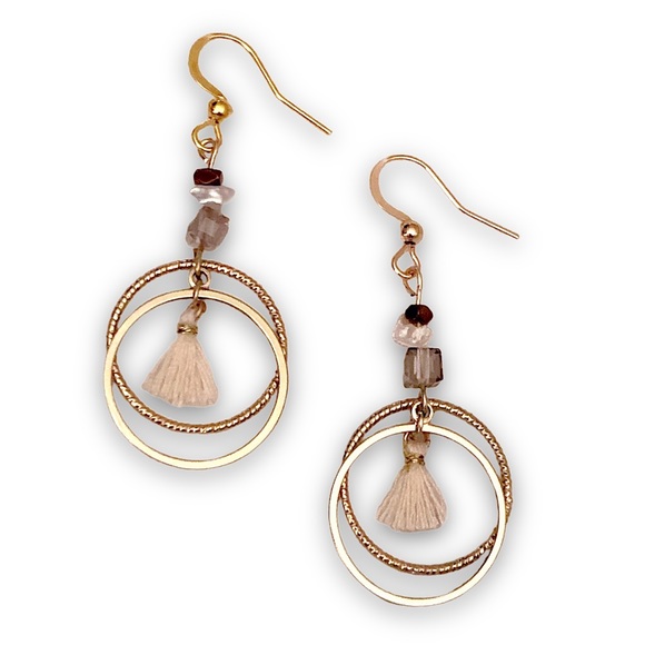 NEW GOLD BOHO HIPPIE HOOP TASSEL ABSTRACT ROPE PEARL BEAD MODERN EARRINGS - Picture 2 of 5